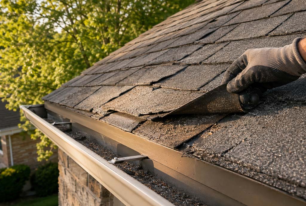 Roofer checking curled and deteriorated asphalt shingles on an Indianapolis home before winter
