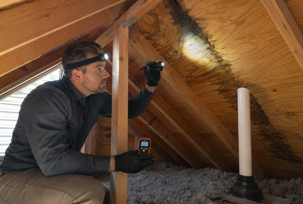 Roofer tracing moisture from a roof leak inside an Indianapolis home’s attic