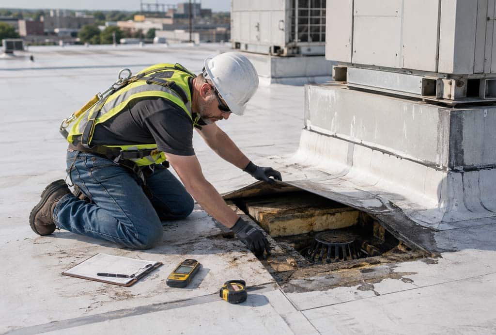 Roofing professional inspecting insulation and drainage conditions on an Indianapolis commercial roof