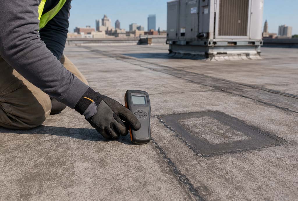 Commercial roofer conducting a moisture inspection on an aging Indianapolis flat roof