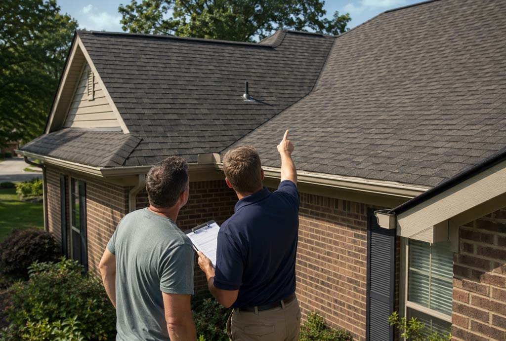 Indianapolis homeowner and roofing professional evaluating the age of an asphalt shingle roof