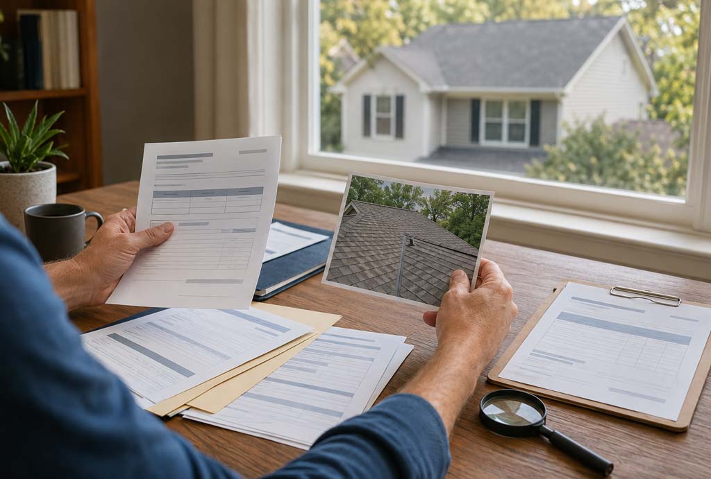 Indianapolis homeowner reviewing roofing records and a roof photograph to determine the roof’s age