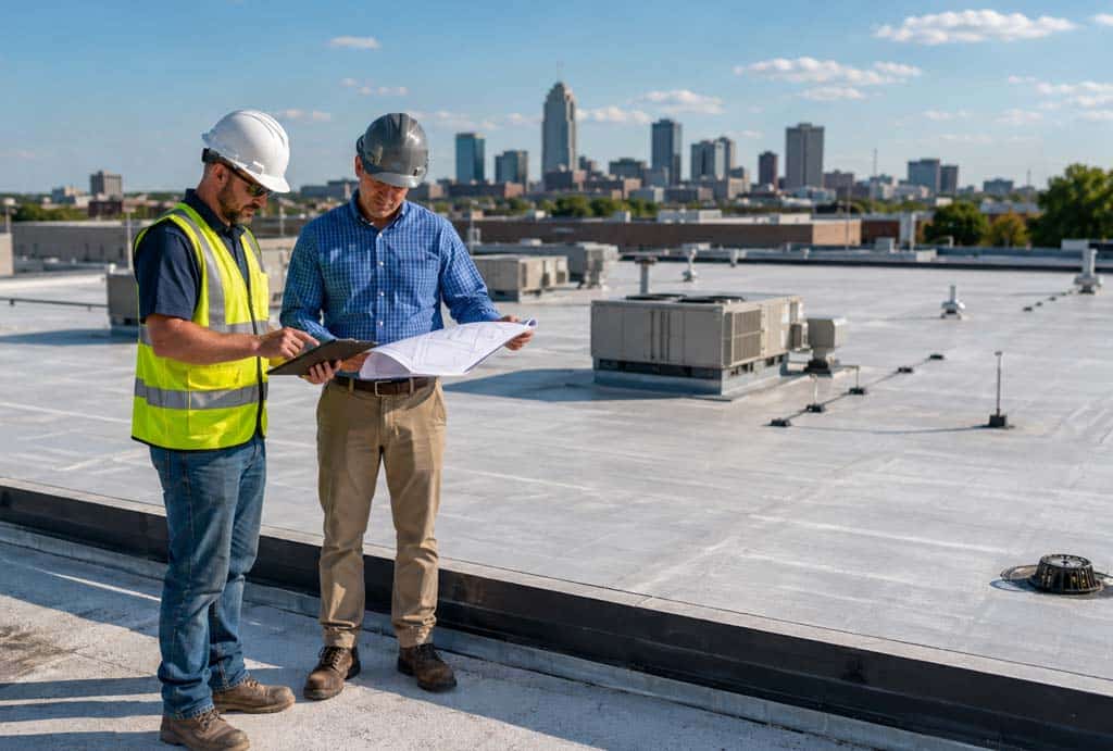 Commercial property manager and roofing professional planning a 2027 roof replacement on an Indianapolis building