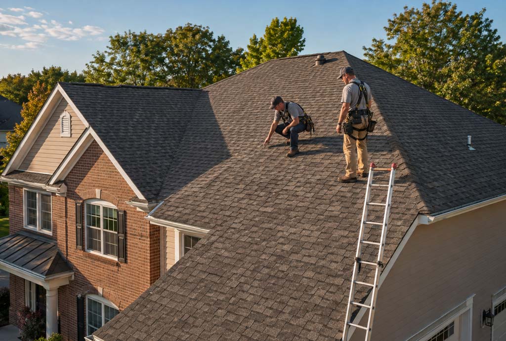 Roofers inspecting an aging asphalt shingle roof before winter in Indianapolis