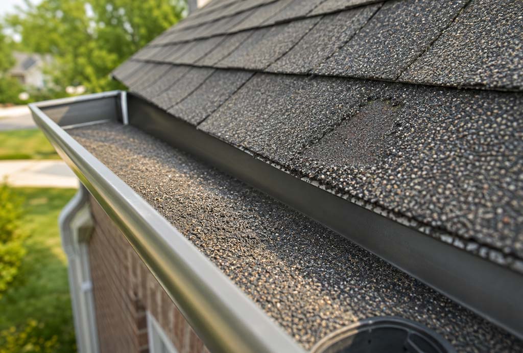 Asphalt shingle granules collecting in a residential gutter in Indianapolis