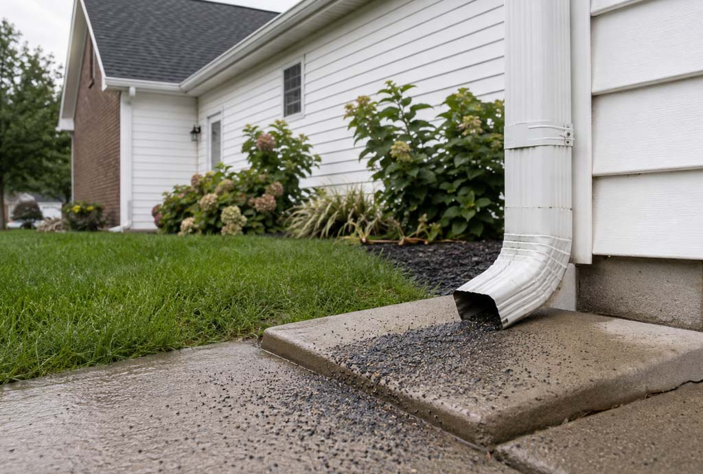 Asphalt shingle granules washed from a downspout at an Indianapolis home