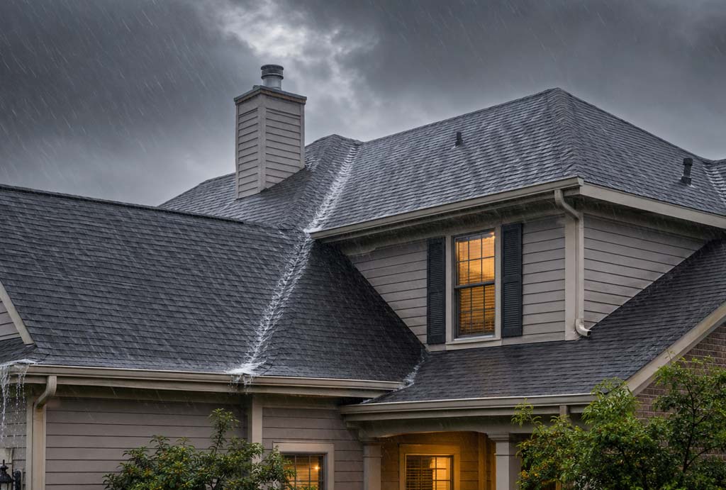 Indianapolis home roof leaking during heavy wind-driven rain