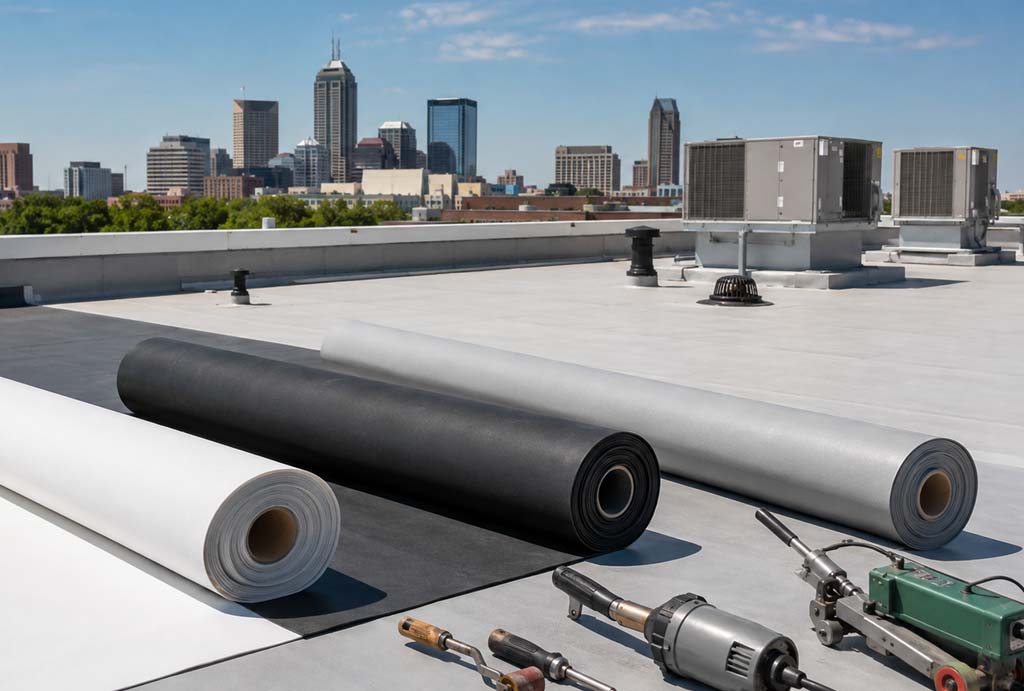 TPO, EPDM, and PVC roofing membranes on an Indianapolis commercial roof