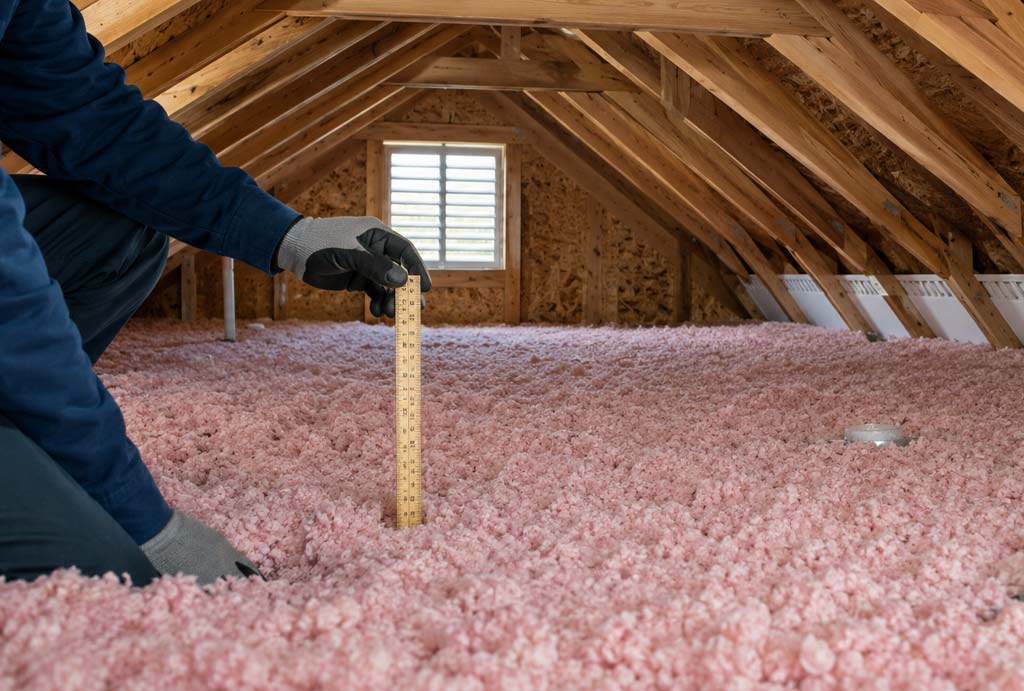 Professional measuring blown-in attic insulation depth in an Indianapolis home before winter