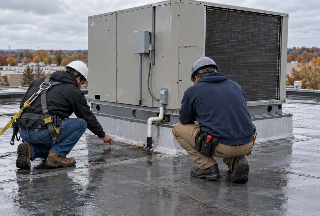 Roofing and HVAC technicians examining flashing and drainage beside a rooftop unit on an Indianapolis commercial building