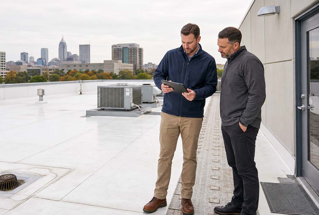 Facility manager reviewing a commercial roof inspection report with an Indianapolis roofing professional