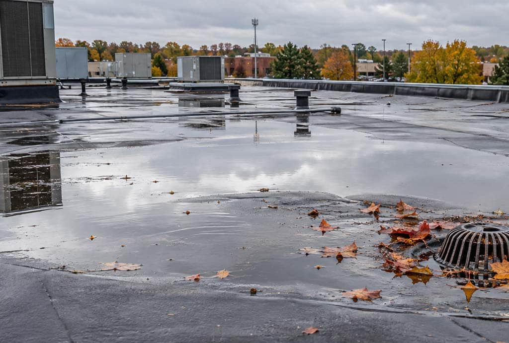 Shallow standing water and autumn leaves around a drain on an Indianapolis commercial roof