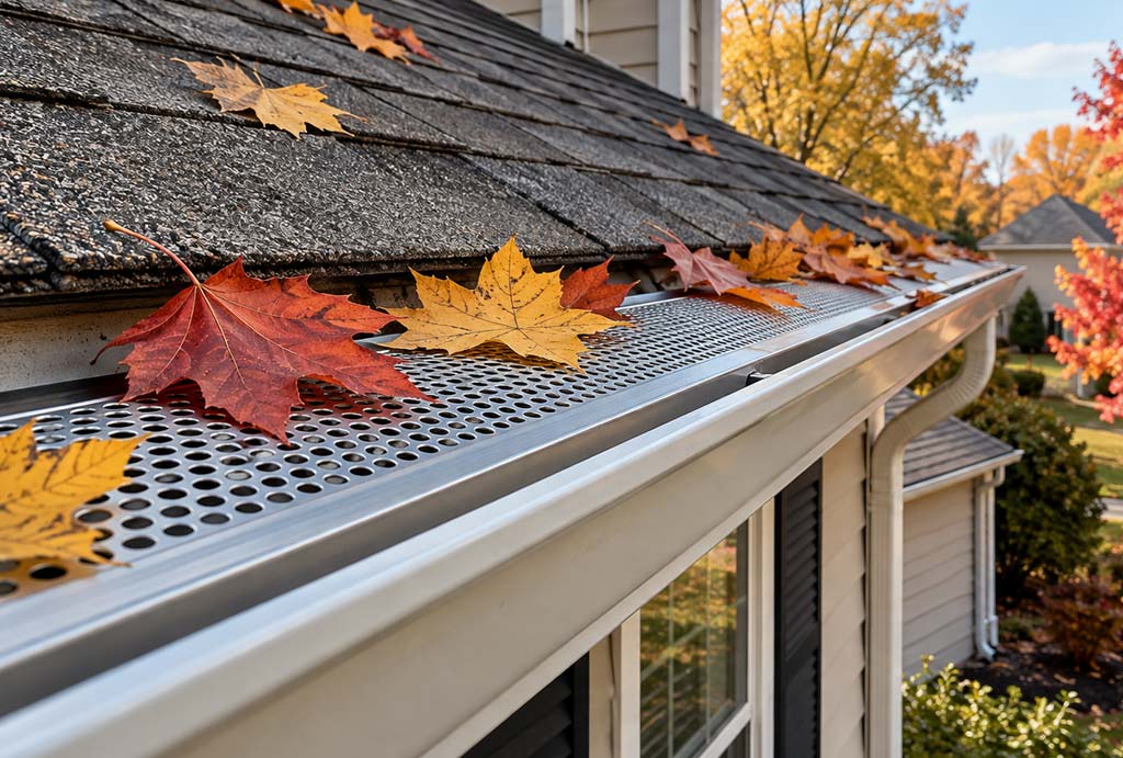 Red and gold autumn leaves resting on a perforated gutter guard along an Indianapolis home's roof edge