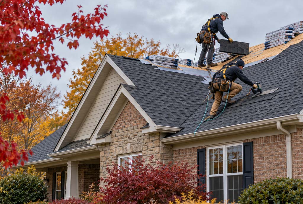 Roofing crew installing dark asphalt shingles on an Indianapolis home during a dry autumn day