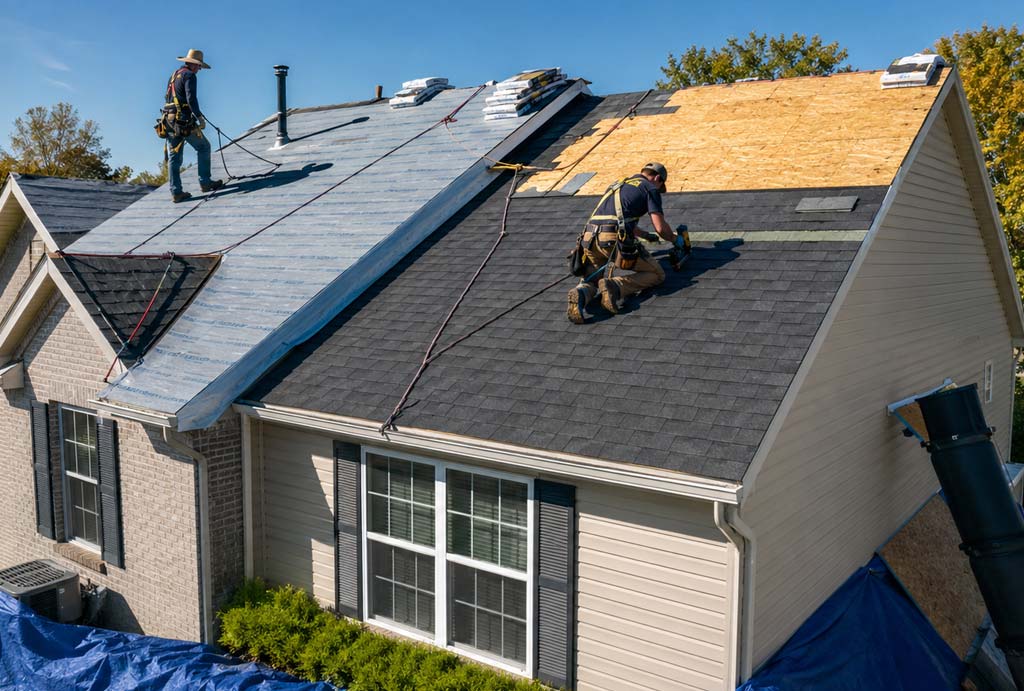 Professional roofing crew completing an organized asphalt-shingle roof replacement on an Indianapolis home