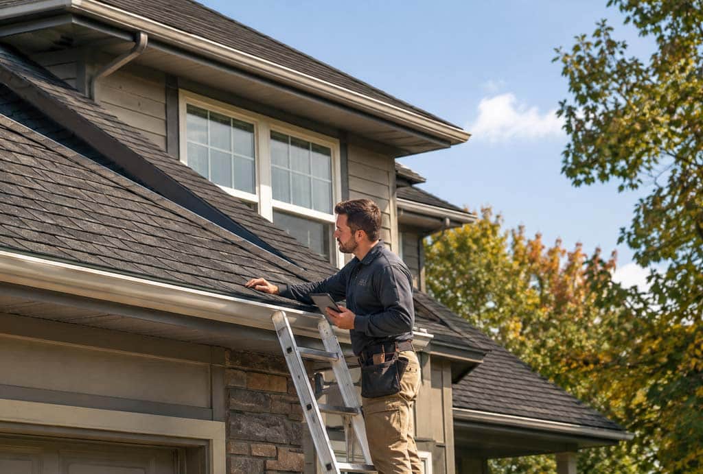 Roofing professional inspecting an asphalt-shingle roof during fall in Indianapolis