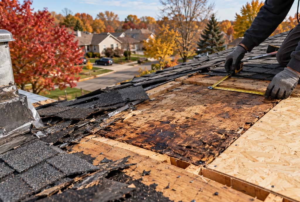 Roofer measuring a water-damaged roof decking panel beside new sheathing on an Indianapolis home