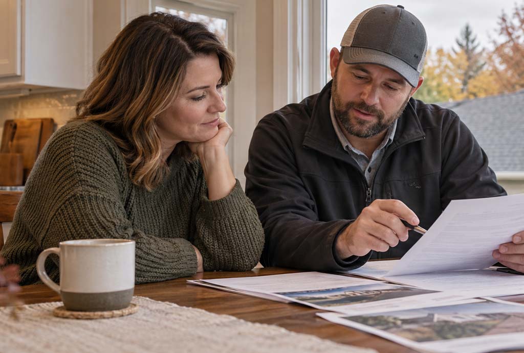Indianapolis homeowner reviewing roof replacement estimate and financing paperwork at a kitchen table in autumn
