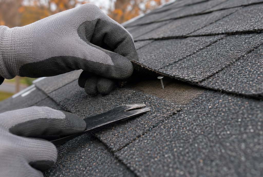 Close-up of a raised roofing nail lifting an asphalt shingle on an Indianapolis home