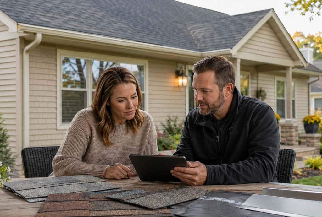 Indianapolis homeowner reviewing a roof replacement estimate and shingle samples with a roofing professional