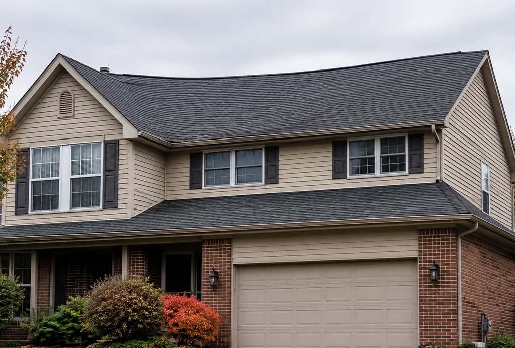 Indianapolis home with a visible dip in its asphalt-shingle roofline