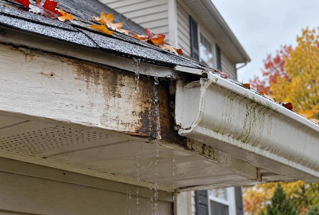 Rainwater dripping behind a loose white gutter onto stained fascia beneath an Indianapolis roof edge