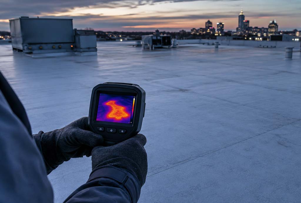 Roofing professional using an infrared camera to locate wet insulation beneath an Indianapolis commercial roof